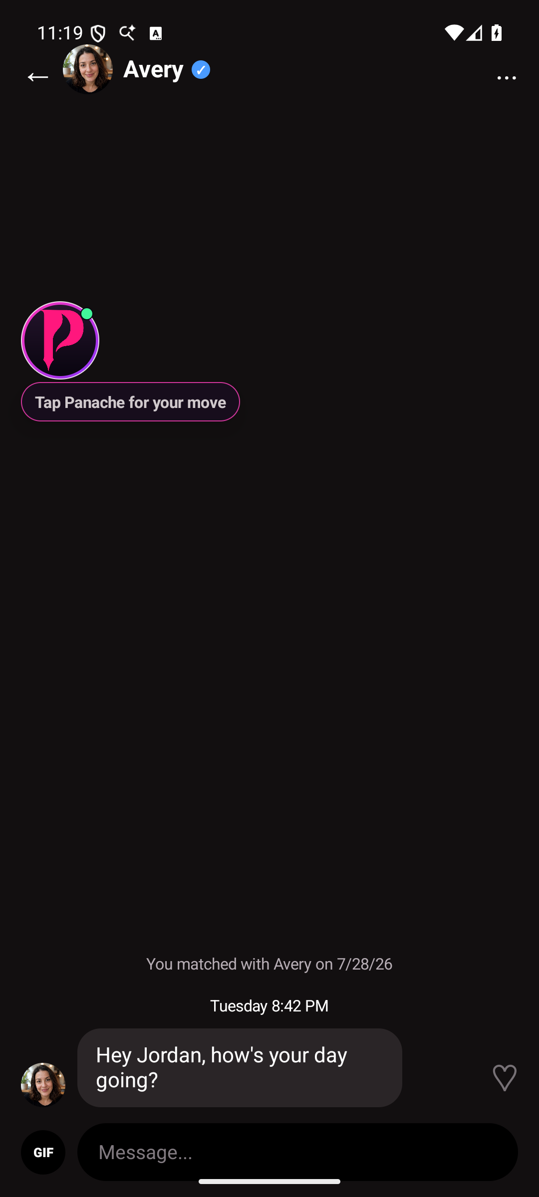 Panache bubble beside a dating conversation on Android.