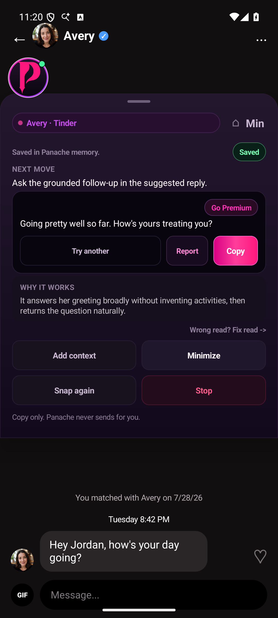 Panache showing guidance and a suggested reply for a dating conversation on Android.
